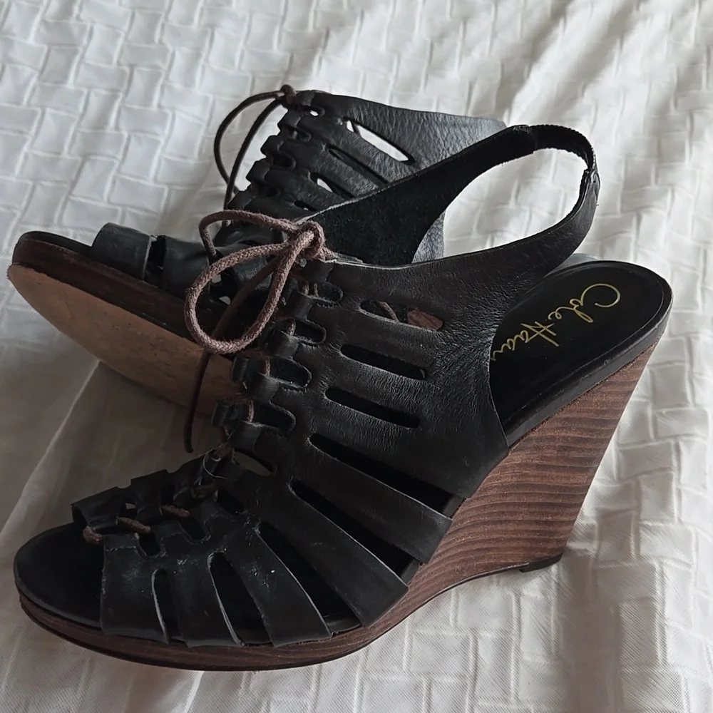 Cole Haan Sky Black Leather Lace-Up Wedge Sandals Boho Bohemian Summer Shoes